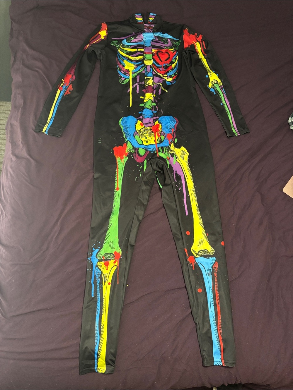 Black One-Piece Bodysuit with Neon Skeleton Print